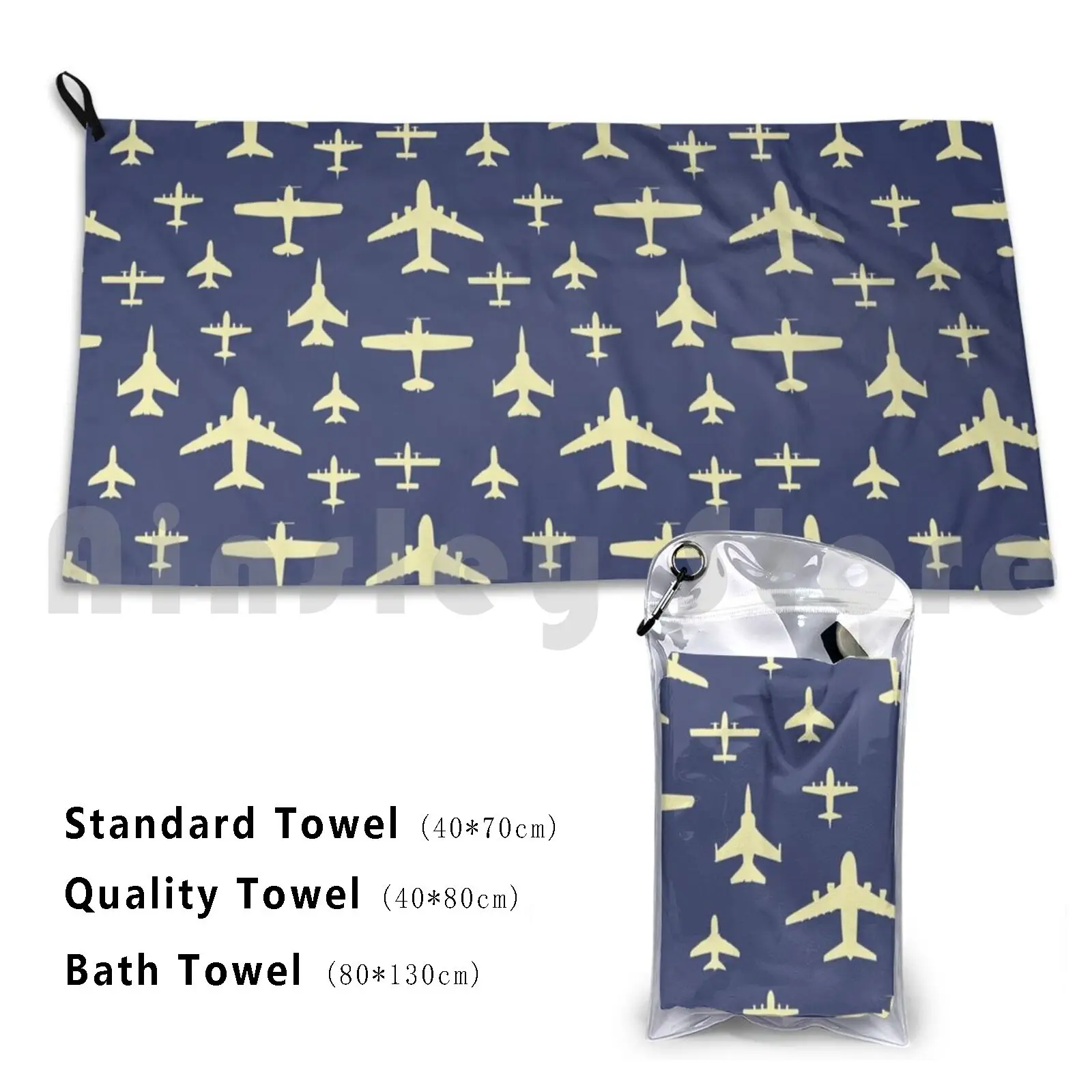 Fly Past Aeroplanes Navy Blue And Beige Pattern Bath Towel Beach Cushion Aviation Pilot Plane Captain Fly