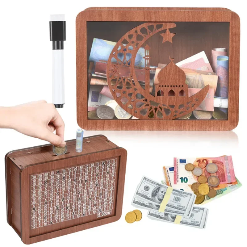 

1pc Euro/dollar/pound Money Box with Counter Wooden Vintage Money Storage Jar Gift Accessories Decorative Item Ornament