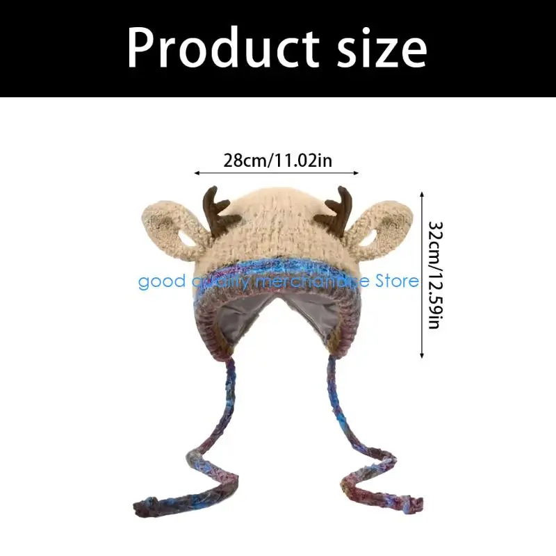 Gorro punto navideño cálido Y5JD, diseño orejas reno para aventuras aire libre, tallas para niños y adultos