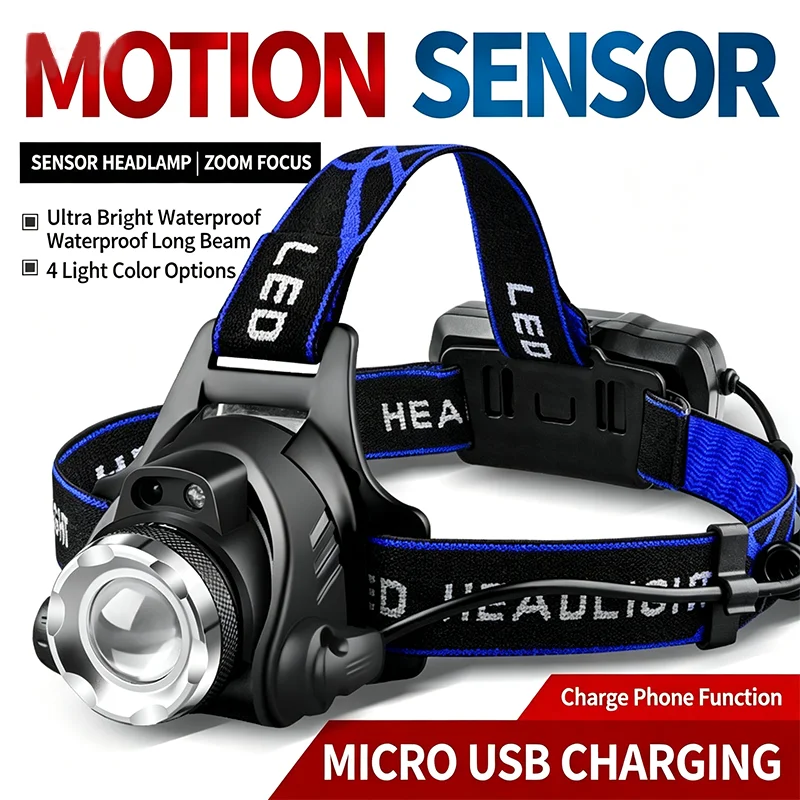 Outdoor Zoom Induction Strong Bald Head Light, Long-Lasting Lithium Battery Head Mounted Dual Light Source Fishing Light