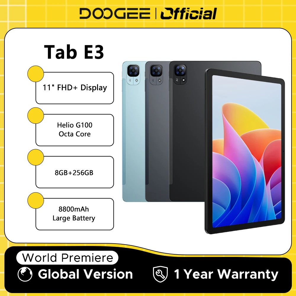 

DOOGEE Tab E3 Tablet PC Gemini AI Android 15 11" FHD+ Display 8800mAh Battery 32GB(8+24) 256GB Helio G100 Dual Speakers Tablet