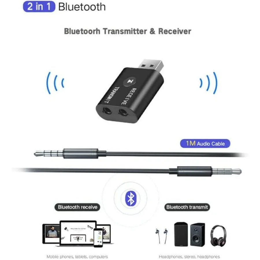 Wireless USB Bluetooth 5.0 Adapter 2IN 1 Transmitter Receiver Converter 3.5mm AUX Jack for PC Computer TV Laptop Speaker Headset