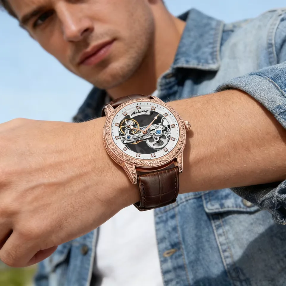 New Engraved Design Automatic Watch Full Hollow Out Transparent Dial Mechanical Watch 3ATM Waterproof Diamond Business Sucessful