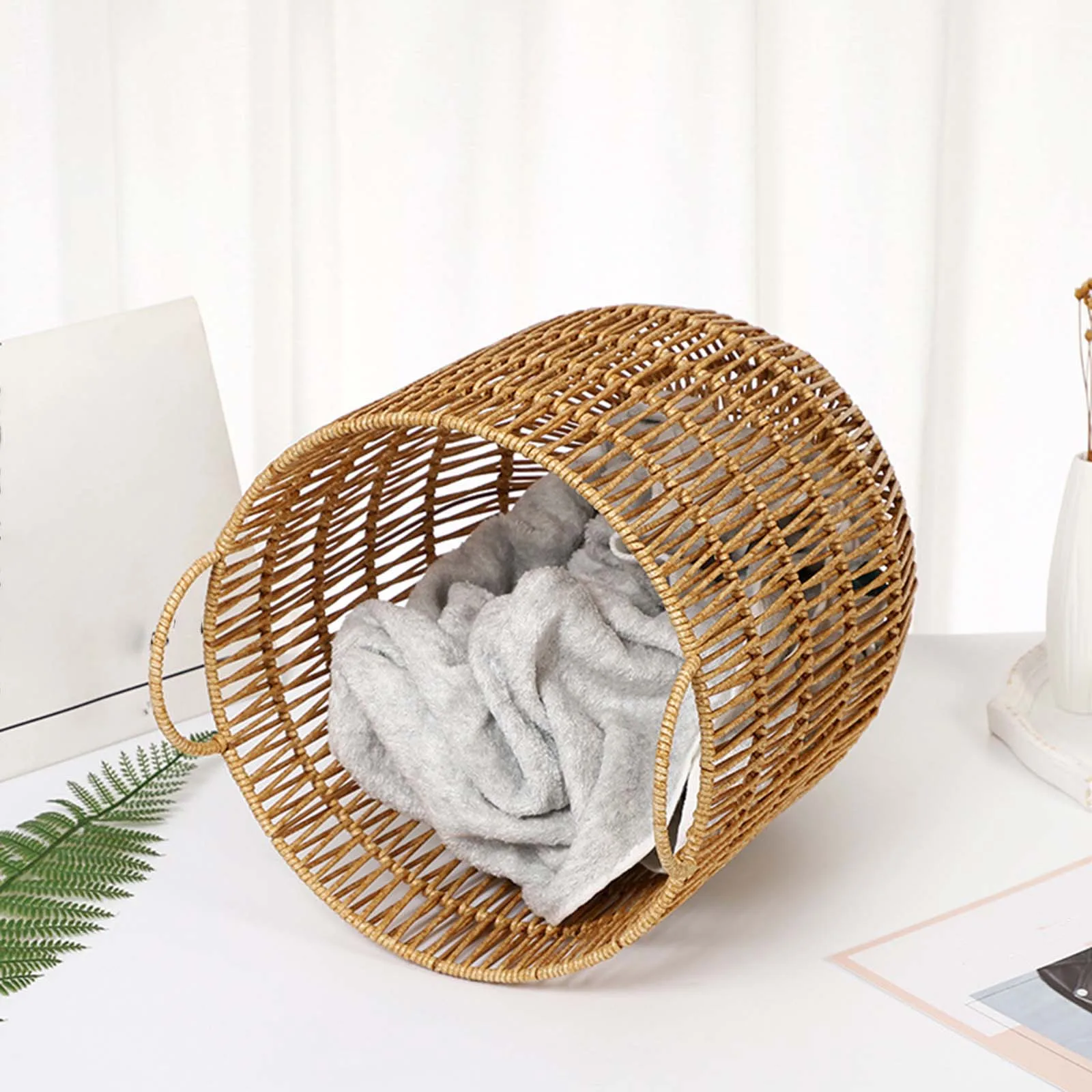 Woven Laundry Basket Bin Imitation Rattan Toys Basket Dirty Clothes Wicker Container Multipurpose Bin for Bedroom Bathroom