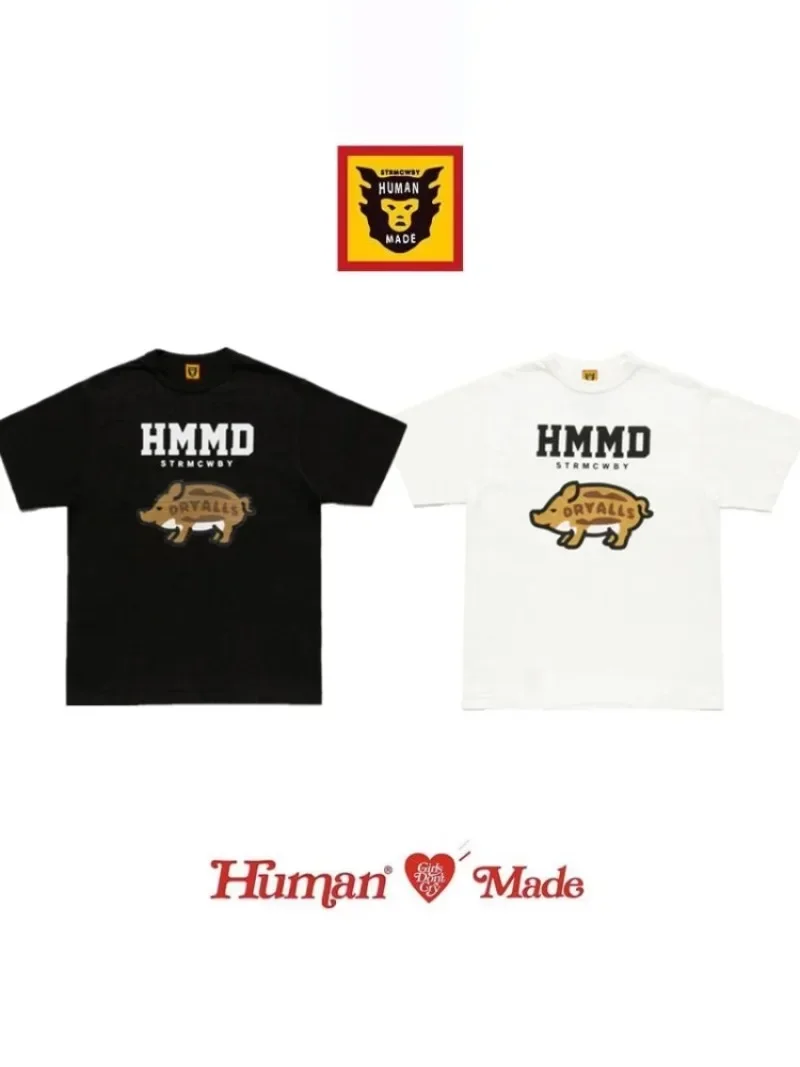 Human Made Style 25SS Cartoon Pig Letter Slub Cotton T-Shirt, Loose Casual Tee for Unisex