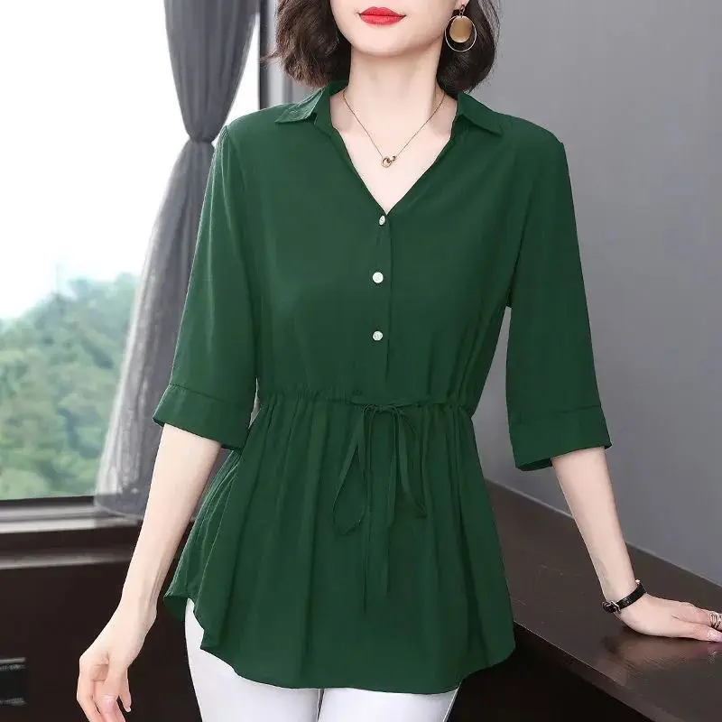 Women Clothing Summer Fashion Elegant Lace Up Slim Shirt Solid V Neck Half Sleeve Office Lady Blouse Irregular Tunic Tops Blusas