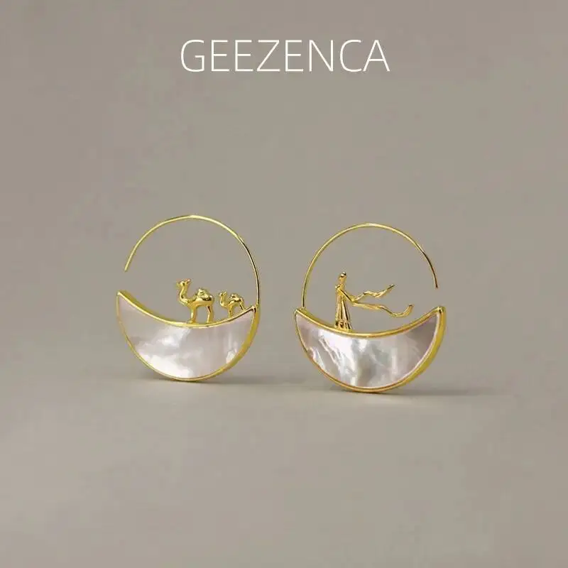 

GEEZENCA White Mother of Pearl 925 Silver Hoop Earrings Women AB Asymmetry Figure Camel Silk Road Vintage Chic Earring 2023 New