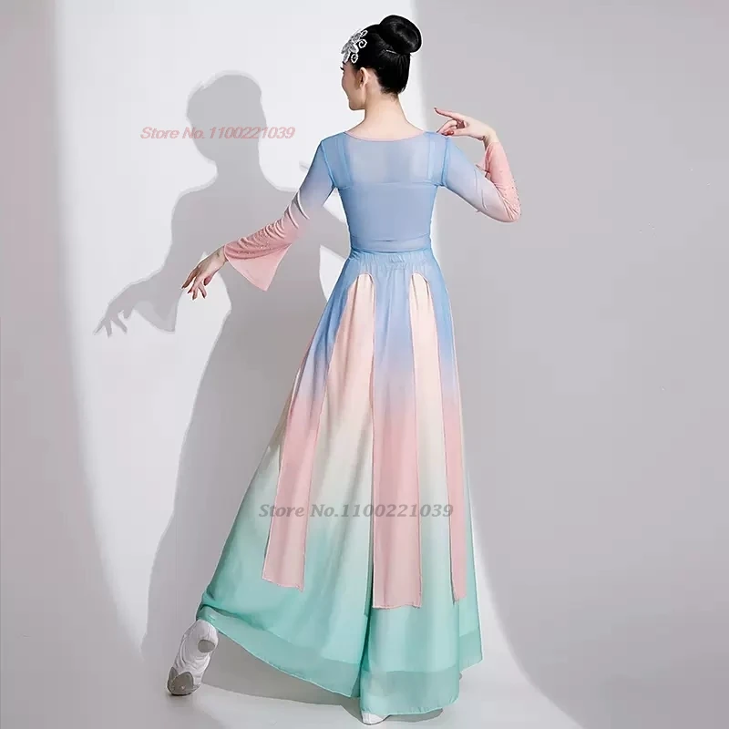2025 زي الرقص الشعبي الصيني العتيق متدرج اللون شبكة hanfu بلايز + فستان أطفال مع سروال داخلي فستان أداء مرحلة التدريب التقليدي