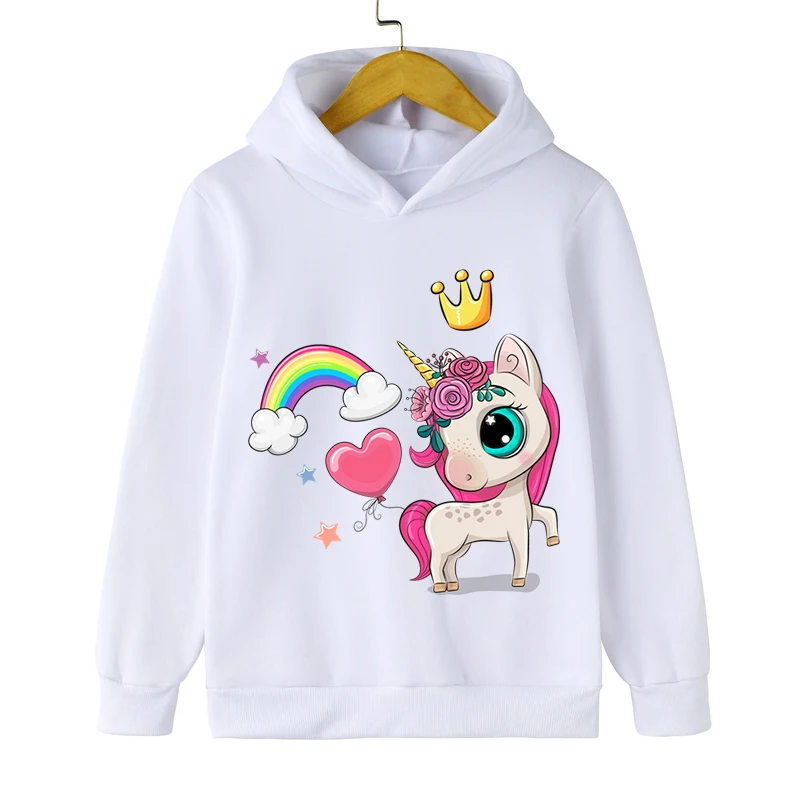 New Fashion Hoodies Cute Rainbow Crown Unicorn Print Hooded for Boys Girls Long Sleeve Pullover Cartoon Anime Unicorn Sweatshirt