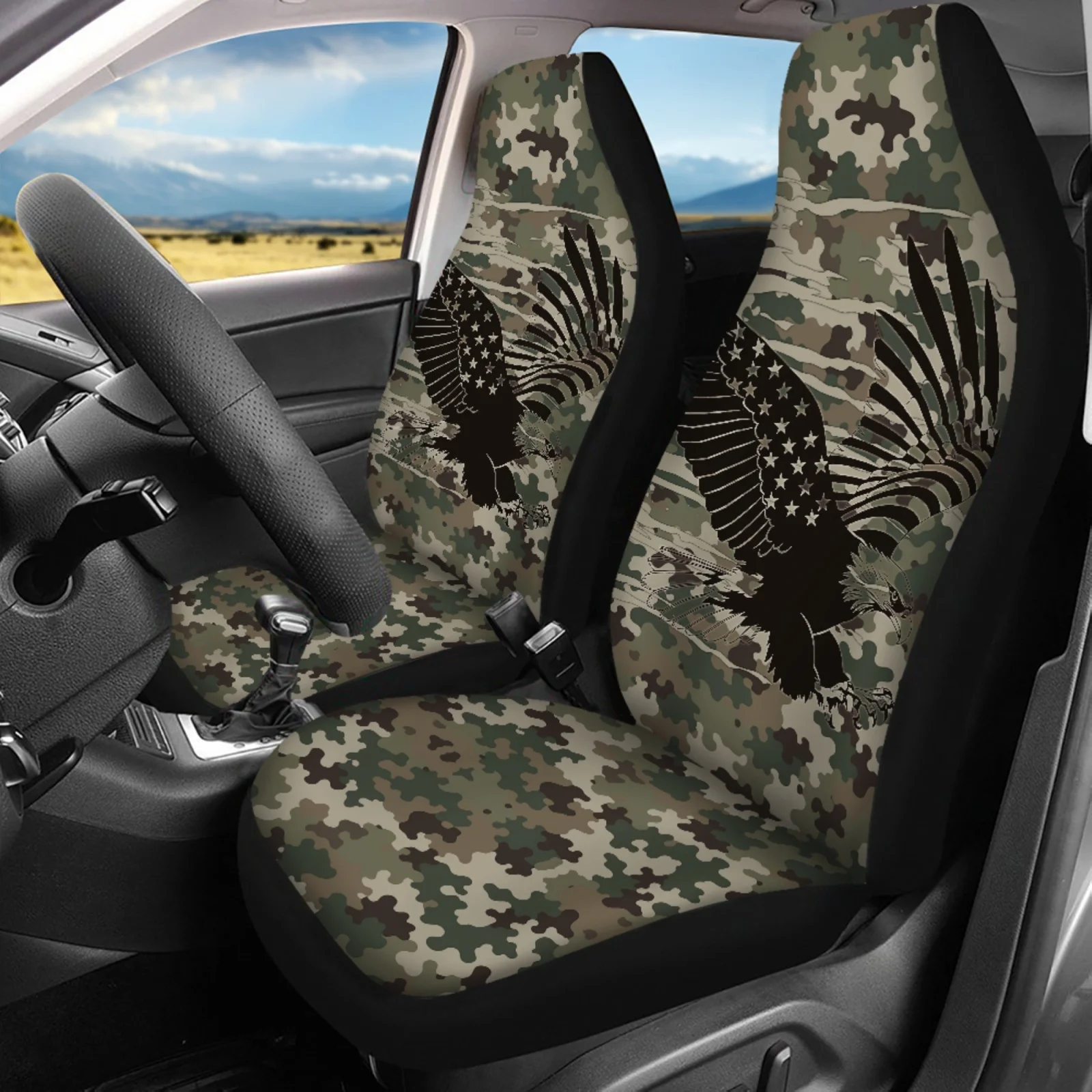 Coloranimal Camouflage Eagle Flag Set of 14 Car Seat Covers Set with Full Set Steering Wheel Cover and Auto Coaster