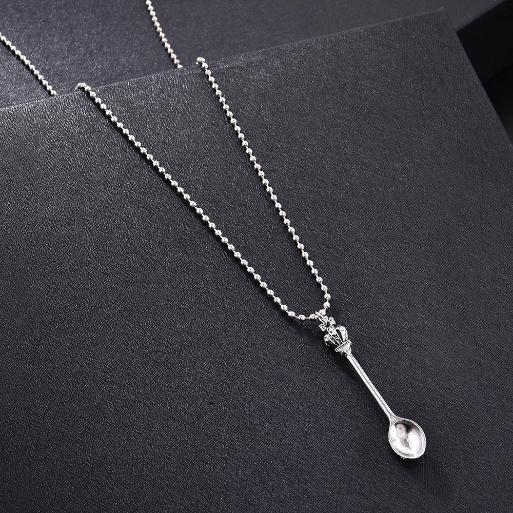 

Fashion Women Men Crown Mini Tea Spoon Shape Pendant Long Chain Necklace Sweater Metal Chain Necklace Jewelry