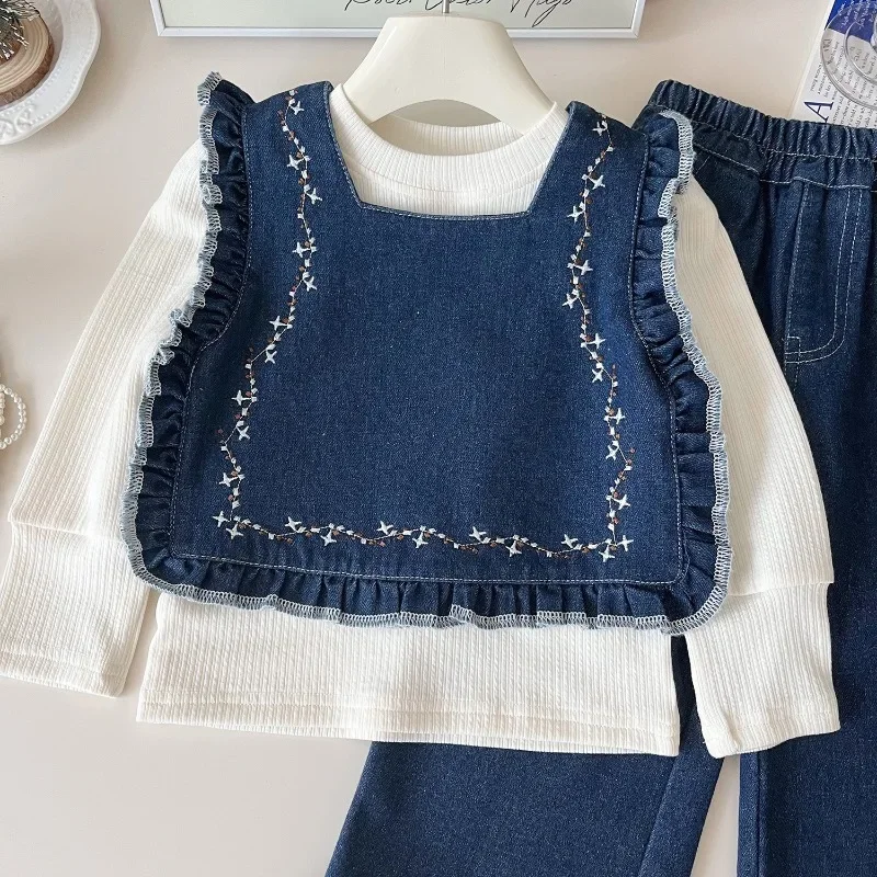 Girls Clothes Sets Autumn Spring Knitted Shirt+Denim Vest+Jeans Children Clothing Suits Fall Girls Outfits Set 2 3 4 5 6 7Yrs