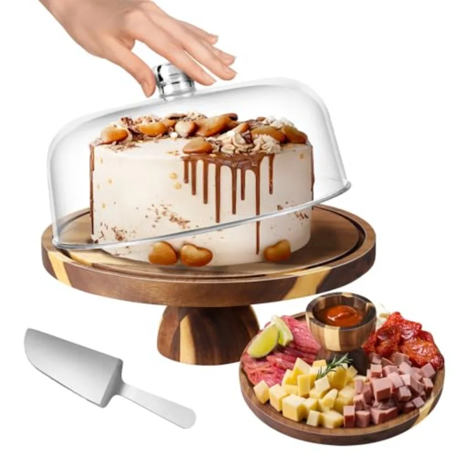 

Acacia Wood Cake Stand with Lid - 12 Inch Acrylic Dome Cake Cover for Display - 2-in-1 Pedestal Cake Holder and Charcuterie Boa