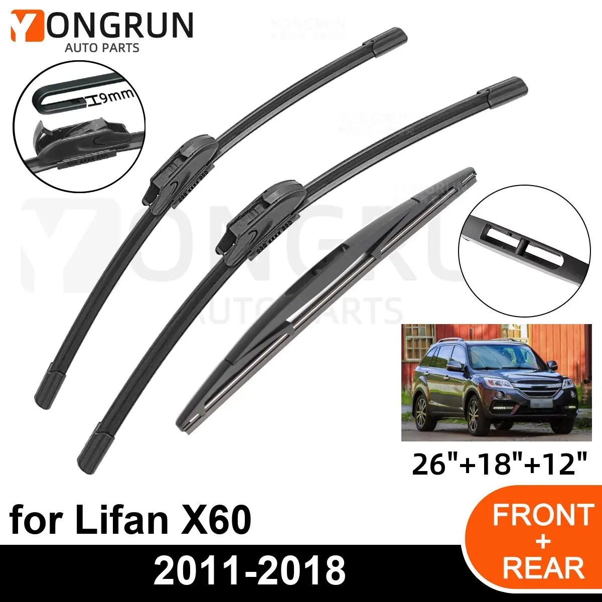 3PCS Car Wiper for Lifan X60 2011-2018 Front Rear Windshield Four Seasons durable Accessories 2011 2012 2018