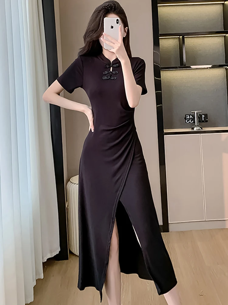 2024 New Black Short Sleeve Bodycon Slit Long Dress Women Korean Vintage Hepburn Prom Dresses Summer Chic Elegant Casual Dresses