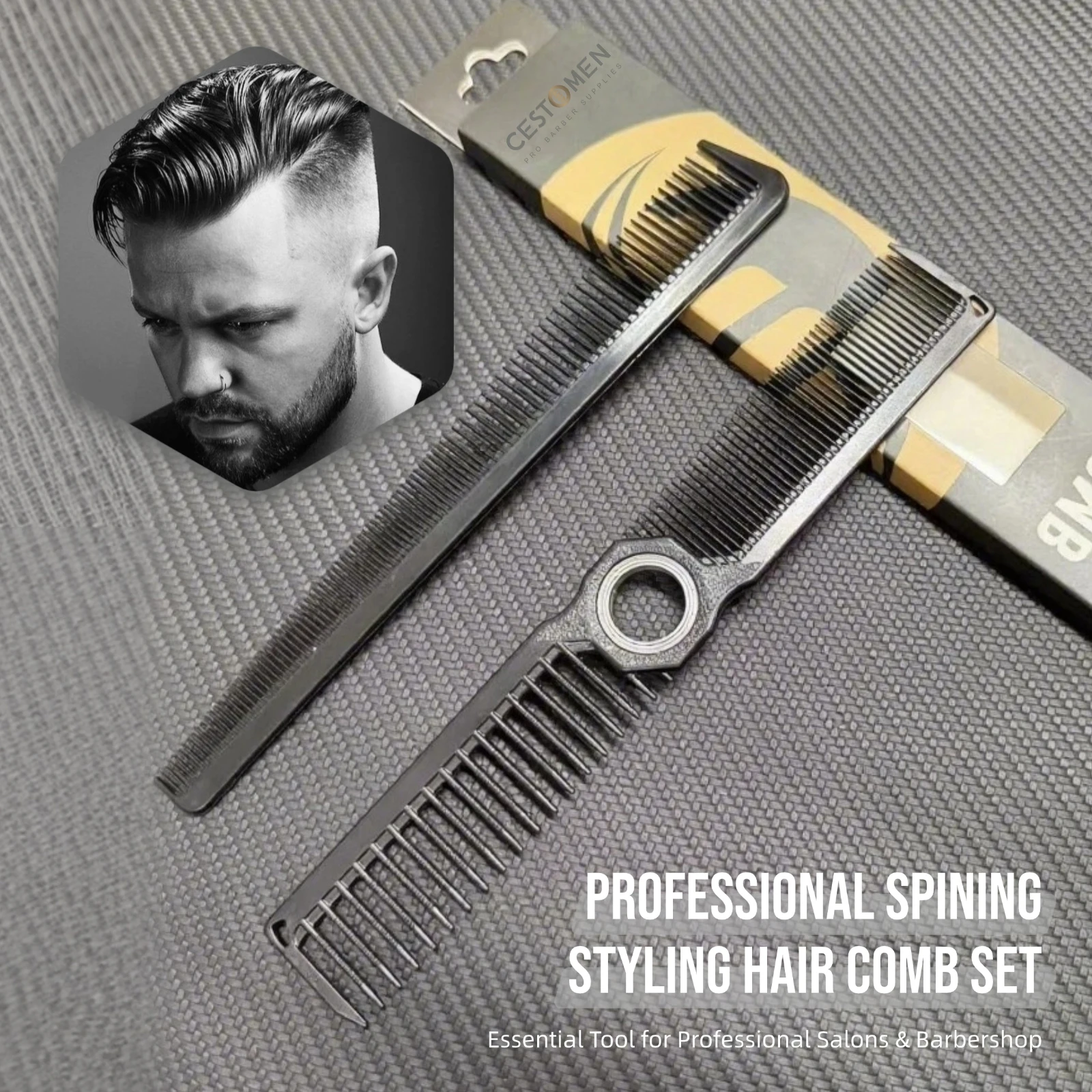 3-teiliges Profi-Friseurwerkzeug-Set: Doppelseitige rotierende Haarschneidekämme, antistatische Fade-Kämme, rotierende Haarreinigungsbürste für Styling – Detail 3