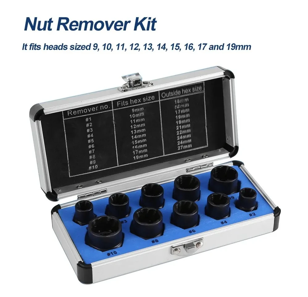 

10PC Broken Bolt Extractor Set, Socket Head Removes Stripped Hex Screws & Nuts,Black Steel Thread Repair Tool Kit for Automotive