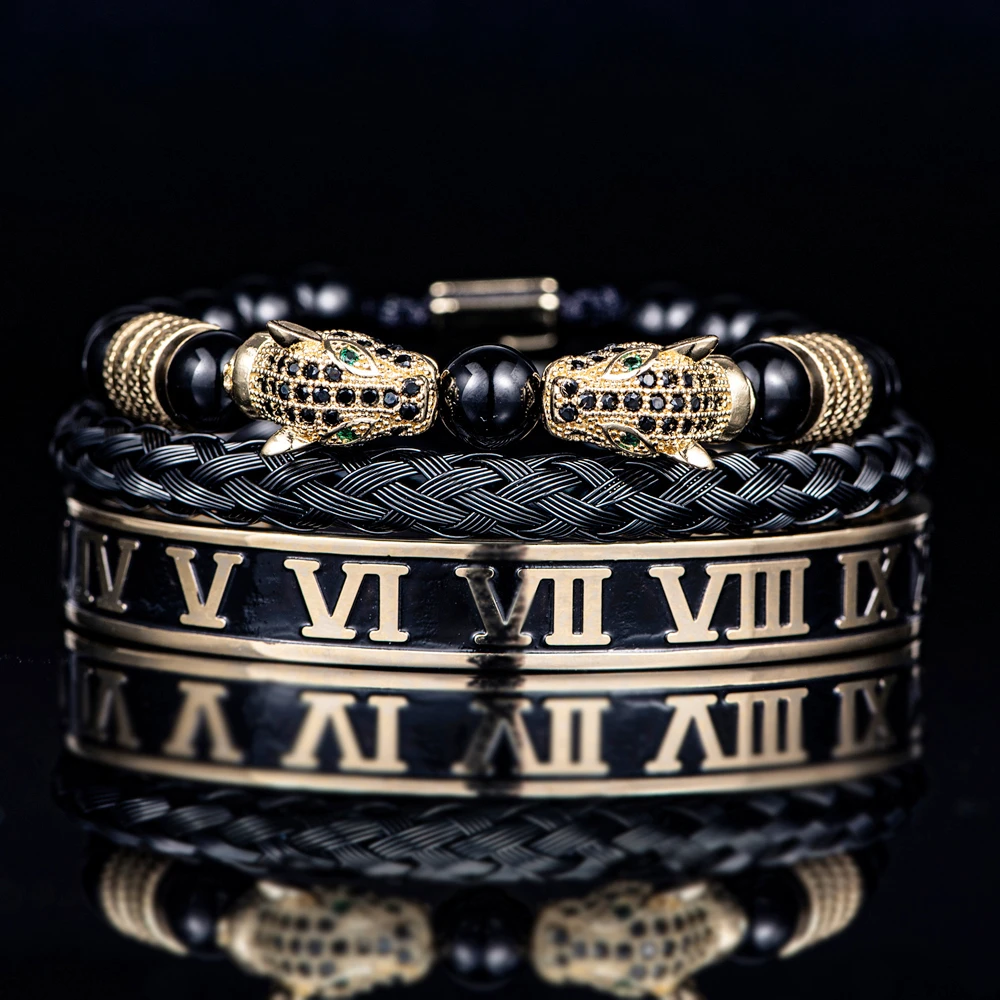 

Luxury Set Bracelets Men Double Leopard head Handmade Enamel Roman Numeral Bangles Rope Buckle Stone Beads Jewelry Dropshipping