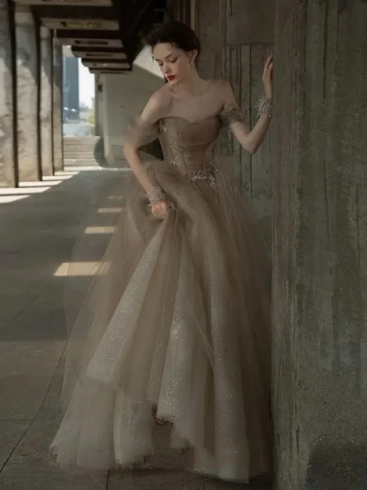 Women Champagne Off Shoulder Ruffle Tulle Ball Gown Lace Up Back Graduation Stage Contest Wedding Guest Evening Formal Dress