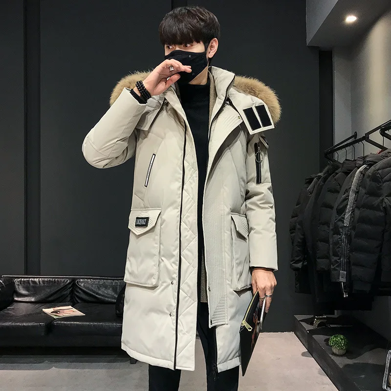 Inverno para baixo jaqueta masculina gola de pele de comprimento médio grosso longo na altura do joelho juventude marca bonito coreano parka