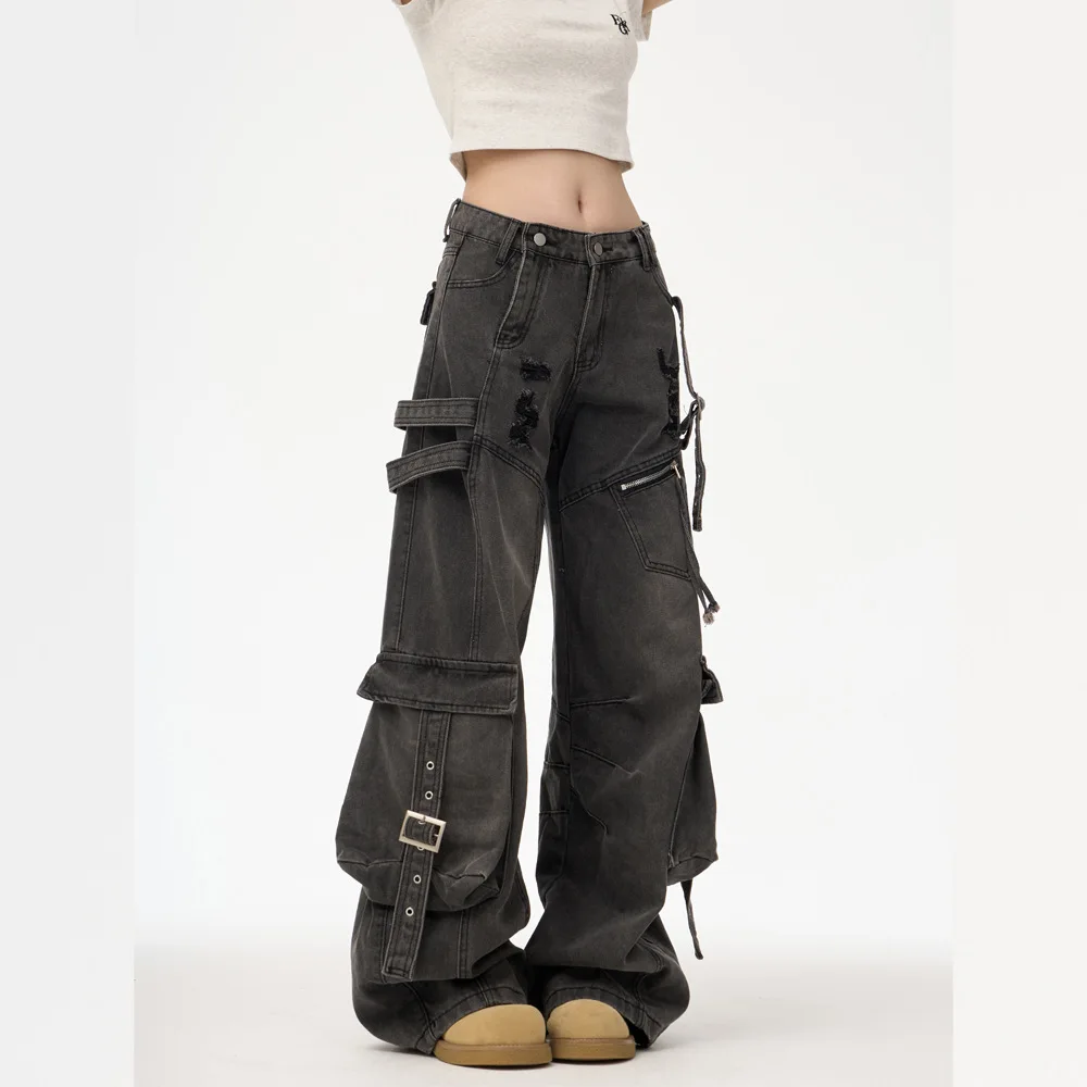 

Unsiex Cargo Jeans 2026 New Multi Pocket Cargo Jeans Men Women American High Street Style Straight Loose Wide Leg Ripped Pants