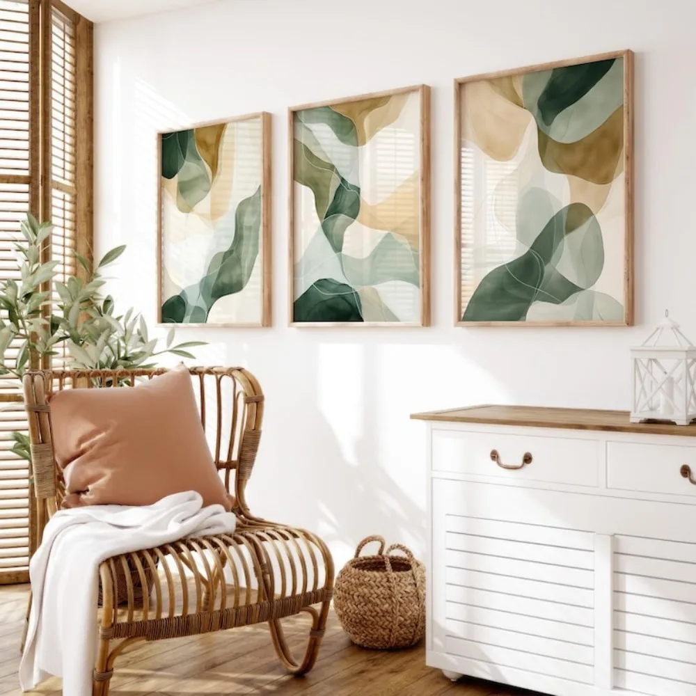 Frameless Abstract Green Plant Wall Art Prints,Neutral Watercolor Digital Download,Modern Minimalist Home Decor Printable Art