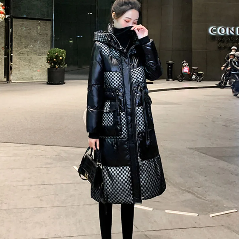 New Womens No-wash Black Plaid Down Jacket Winter Snow Parker Overcoat Long High-end Female Bright Face 90% White Duck Down Coat