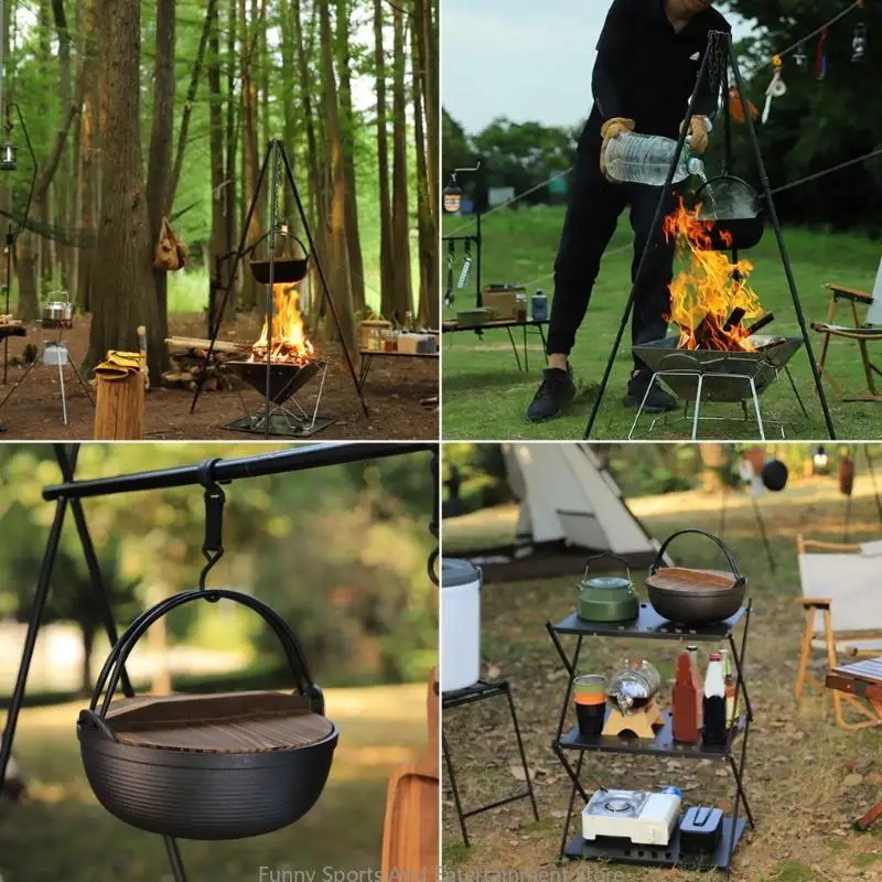C4DE Outdoor Gusseisen -Töpfe mit Holzdeckel Camping Kochtöpfen vertiefen Suppentöpfe Picknick Hänge für Außen und Innenräume – Detail 2