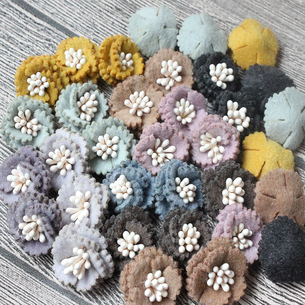 

100Pcs/Lot Flat Back 2.0cm Felt Wool Flowers With Leaf For DIY Accessories With Lollipop in Center Hair Flowers Hair Accessories