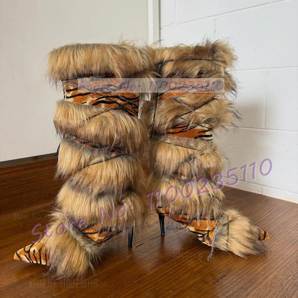 Brown Leopard Fur Wrap Knee High Boots Women Retro Cross Tied Patchwork Boots Trendy Pointed Toe Mixed Colors Stiletto Boots