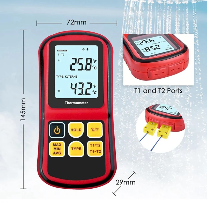 Digital Thermocouple Thermometer, Dual Channel Thermometer With Two K Type Probes LCD Display Temperature Meter