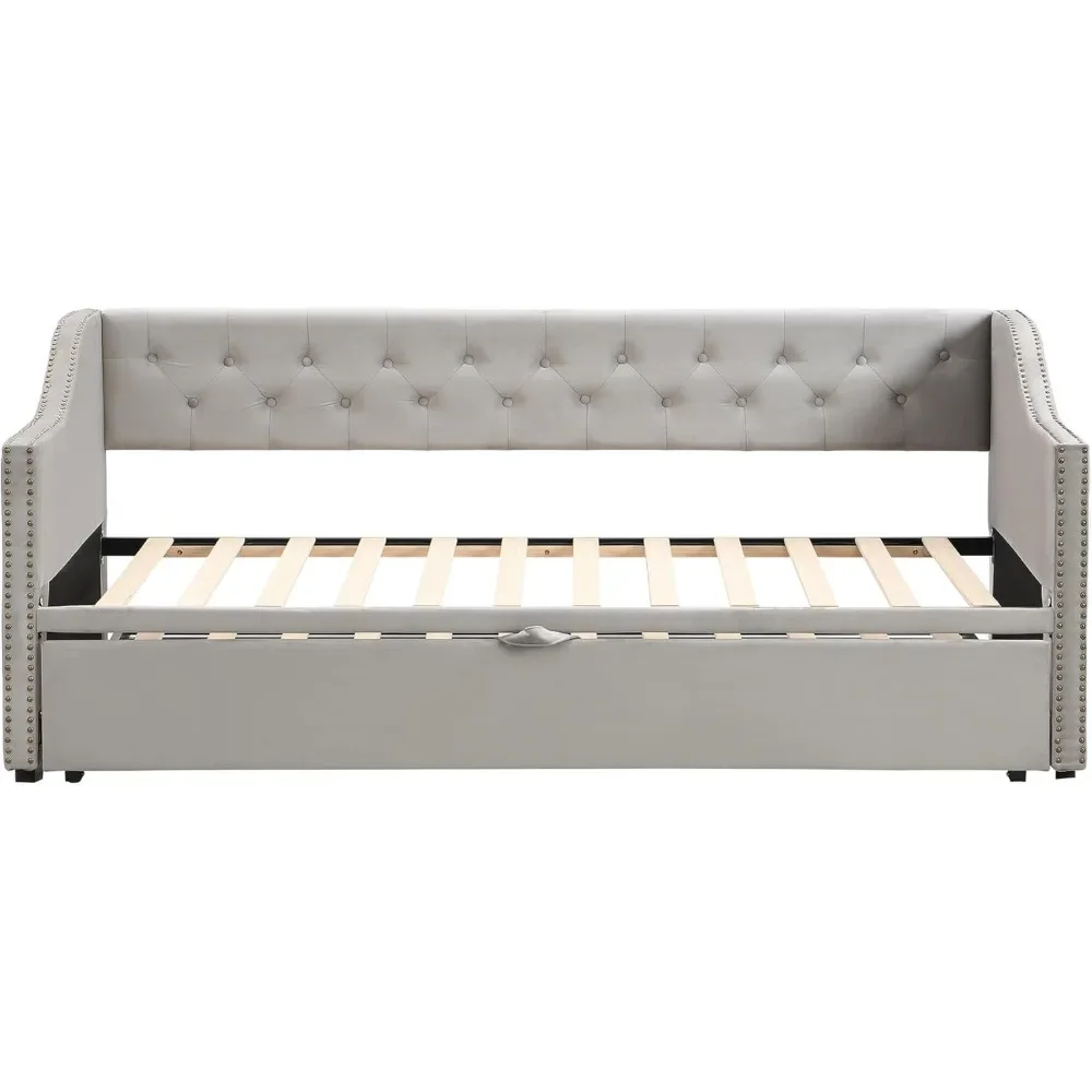 Cama de día de terciopelo tapizada con Trundle emergente, sofá cama multifuncional con respaldo y dos reposabrazos para habitación de niños, habitación de invitados