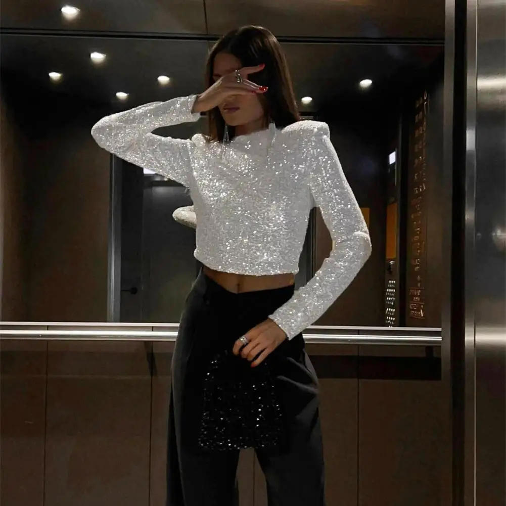 Slim Fit Round Neck Tee Sequin Embellished Long Sleeve Cropped Top Round Neck Slim Fit Tee dla kobiet Stylowy luźny krój Krótki