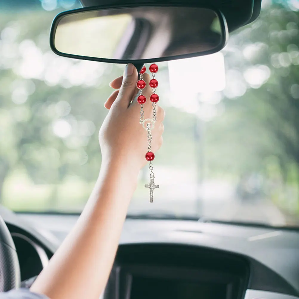 

2pcs Rearview Mirror Rosary Beads Car Interior Hanging Accessories Cross Pendant Catholic Metal Charm Red Auto Decor For Women