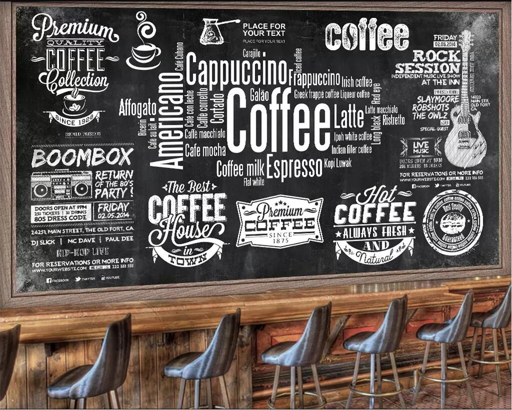 

Индивидуальные обои для стен: Европейская грифельная доска, газета, кафе, ретро-декор, фон для стен, черно-белые буквы, тематический 3D-мурал