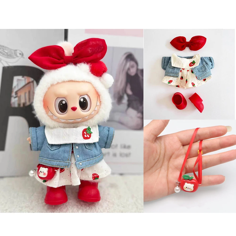 

Комплект одежды для куклы Labubu, клубничное платье, джинсовая куртка, красочные наушники и обувь, милые плюшевые наряды для 1-3 поколения