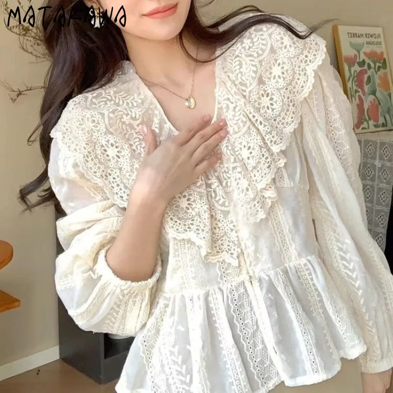 

Matakawa Blouses Ruffles Spring Autumn Korean Fashion Sweet Women Shirts Vintage Elegant V Neck Embroidered Blusas Mujer