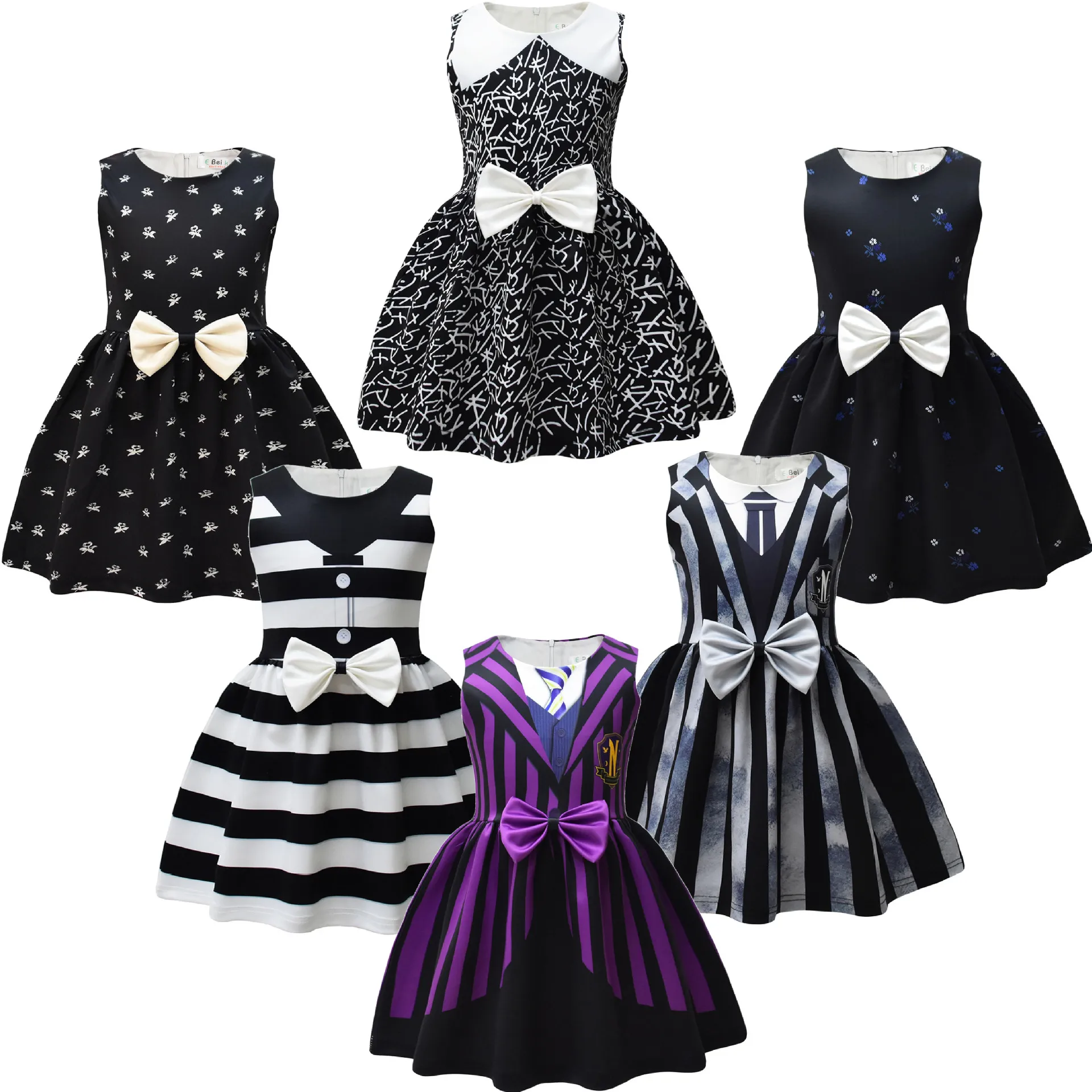 Wednesday Adams Cosplay Child Princess Dress 2023 New Halloween Carnival Party Evening Dress Girl Print Bowknot Princess Dress