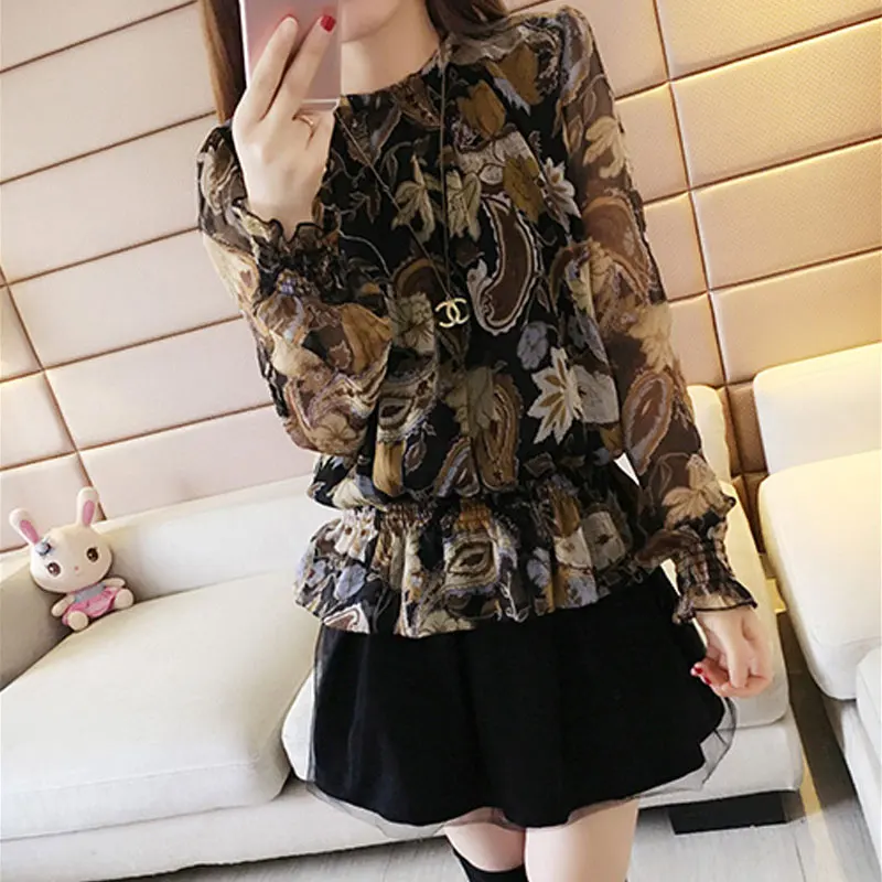 Commute Round Neck Blouse Spring Autumn Fashion Shirring Vintage Printed Korean Female Clothing Loose Casual Long Sleeve Shirt