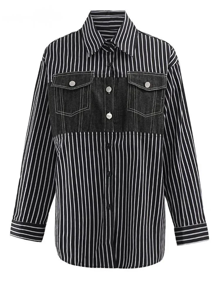 

Women Black Striped Denim Spliced Big Size Blouse New Lapel Long Sleeve Shirt Fashion Tide Spring Autumn