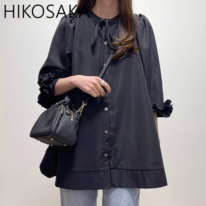 

Stand Collar Lace-up Single Breasted Shirts Ruffles Puff Sleeve Loose A-line Blouse Japanese Elegant All-match Casual Blusas