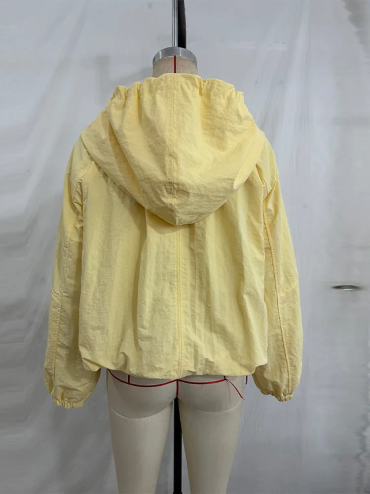 Reißverschluss-Mantel mit langen Ärmeln und Schleifenkappe für Damen, Streetwear mit Laternenärmeln, Schnürung, einfarbig, locker sitzender Mantel, modische Damen-Oberbekleidung, neu – Detail 5