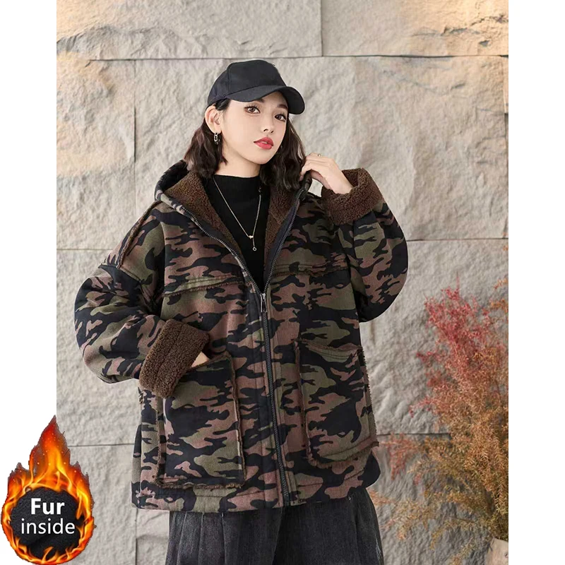 Masss Wasss 2025 Winter Fashion Camouflage Parkas Women Loose Warm Hooded Fur Padded Jackets Ladies Casual Vintage Thicken Coats