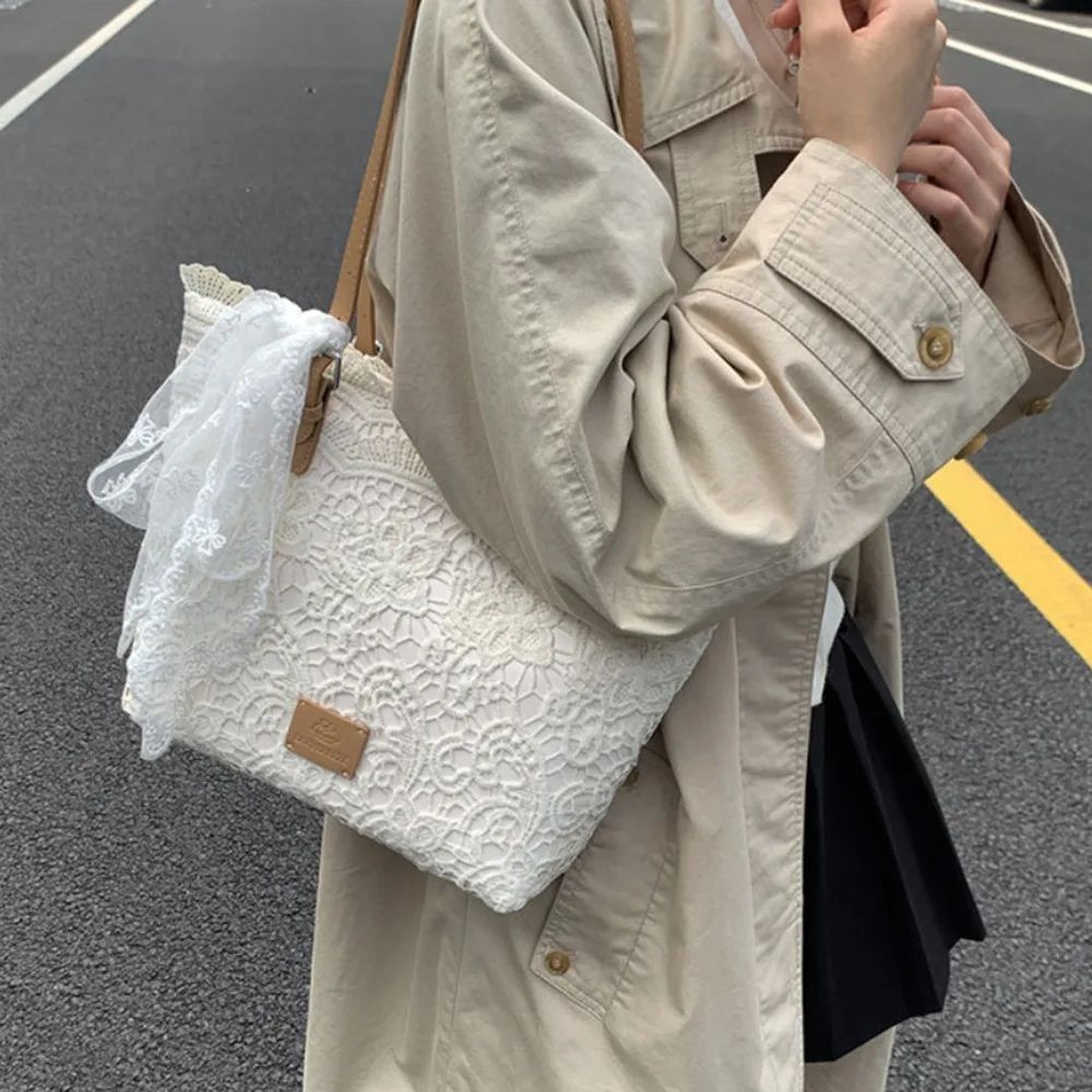 

French Lace Handbag Tote Bag Women Large Capacity New Summer Soft Polyester Lining Single Shoulder Bag Countryside Style
