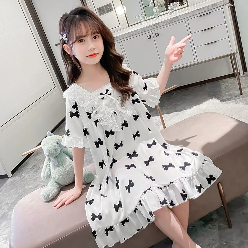 

Girls Summer Lightweight Short Sleeve Lace Trim Nightgown Home Loungewear Cool Silk