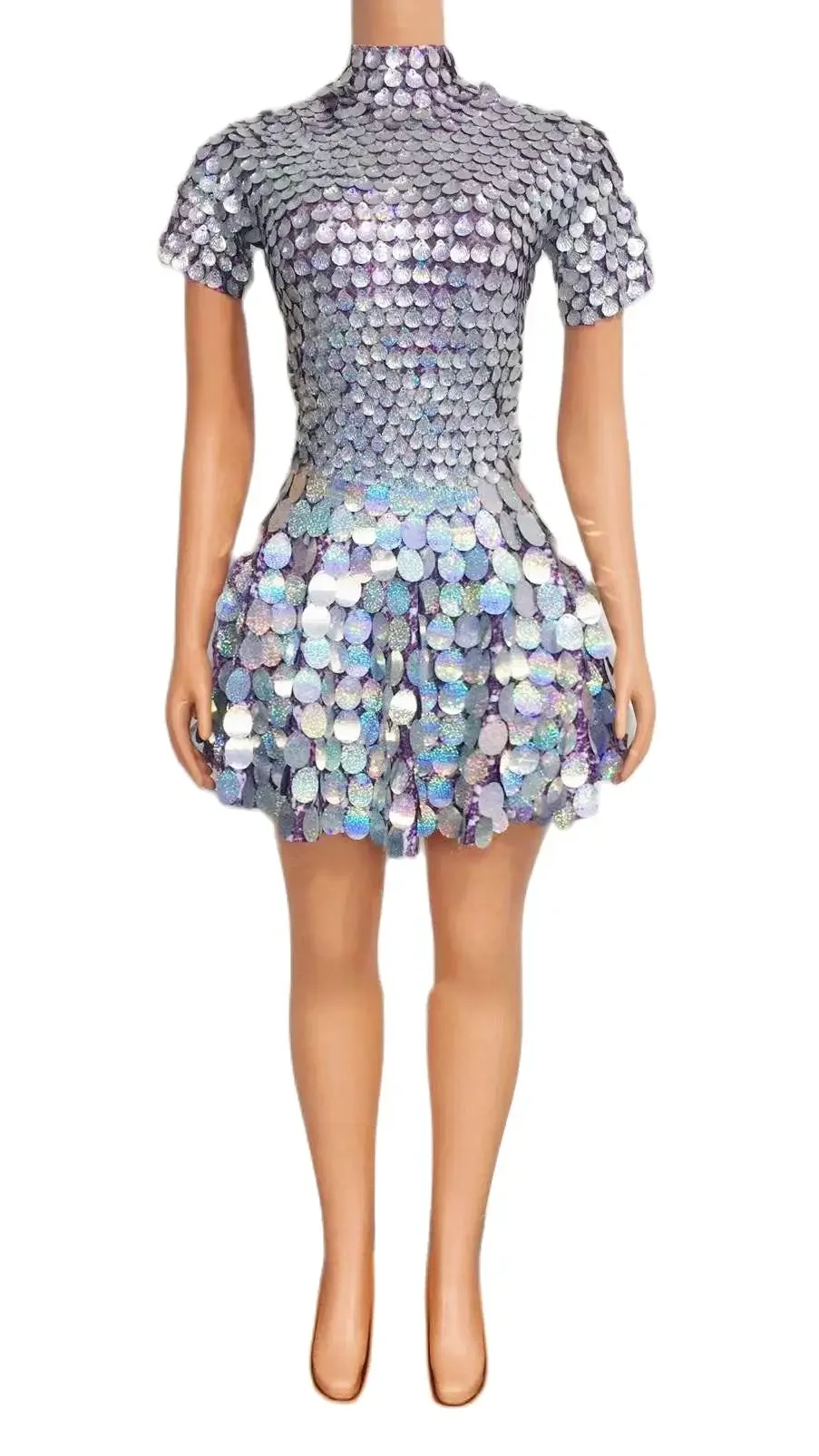 Women Shining Sequins Silver Performance Stage Dancewear Short Sleeve Mini Dress Vegas Queen Outfits Gatsby 2025