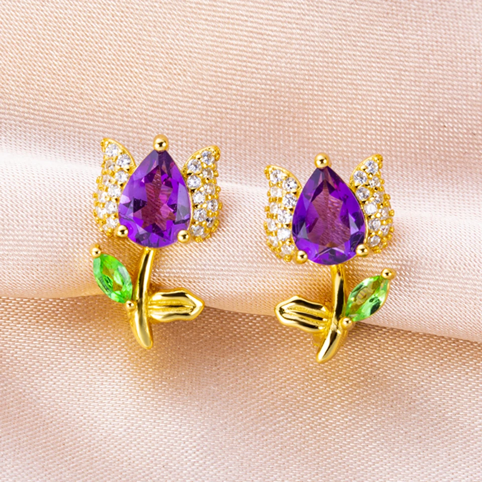 Lovely Cute Earrings Natural Amethyst Stud Clasp Earrings Real 925 Sterling Silver Flower Jewelry for Woman Girls Gift