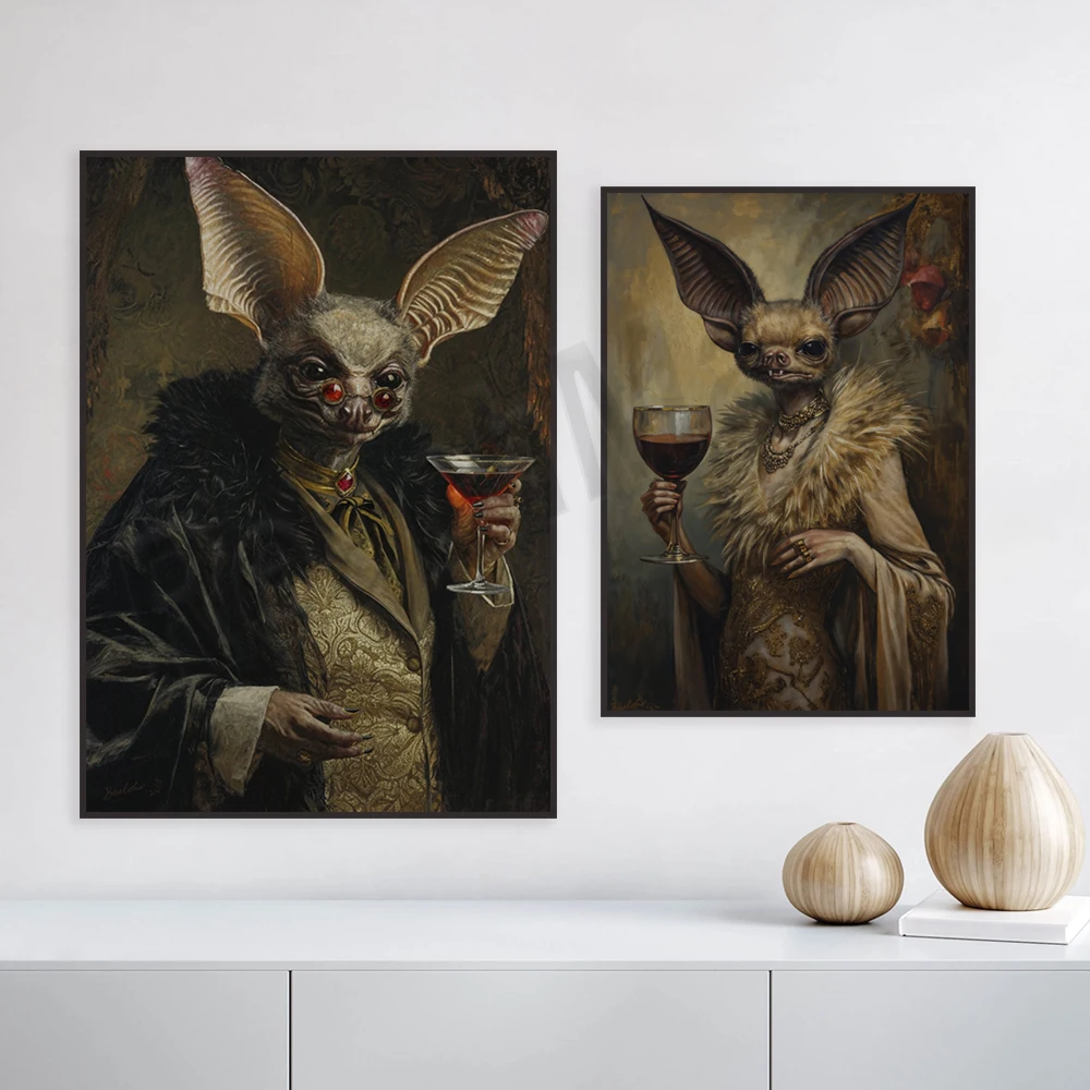 Gothic bat art, martini print, retro baroque renaissance vampire decoration, dark academic oil painting, gothic poster