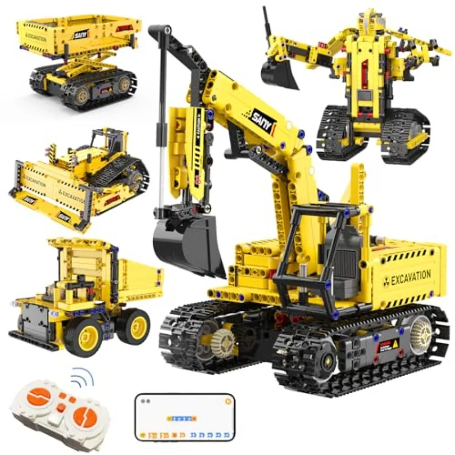 

STEM Robotics Kit for Age 6-14: Remote-Controlled Excavator Building Toy with 555 Pieces, ABS Plastic, Blue-Gray, 5-in-1 Reconf