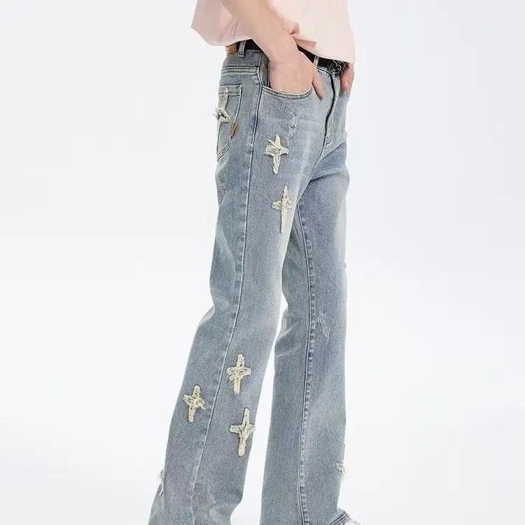 Retro Men's American Light Blue Straight Comfortable Jeans Y2k Streetwear Loose Cross Denim Pants Male Clothes Trousers